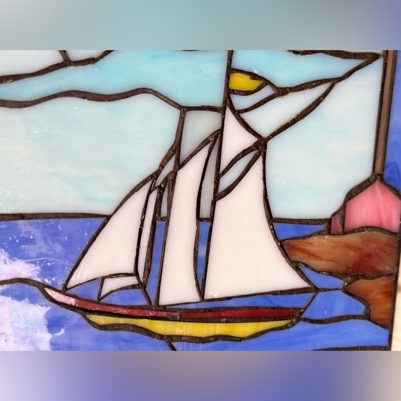 Hanging Rectangle Stained Glass Sailboat Lighthouse Nautical Harbor Scene 16x12” - Picture 8 of 11